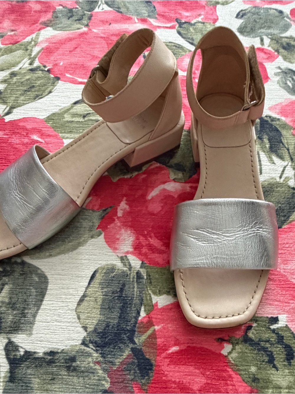 Stuart Weitzman Tan Ankle-Strap Sandals with Silver Toe Band